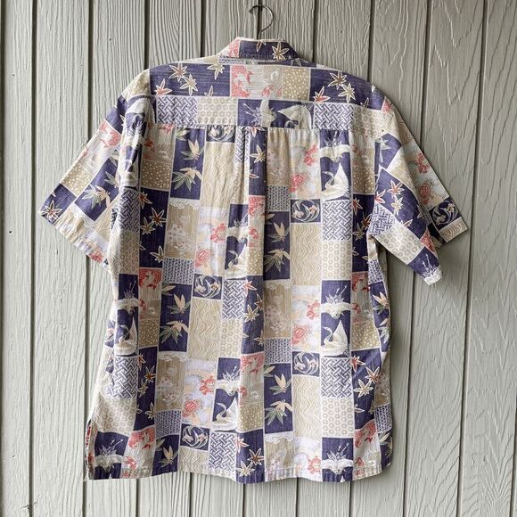 Tori Richard Hawaii Shirt L Cranes Koi Patch Print 100% Cotton Aloha - Picture 14 of 14